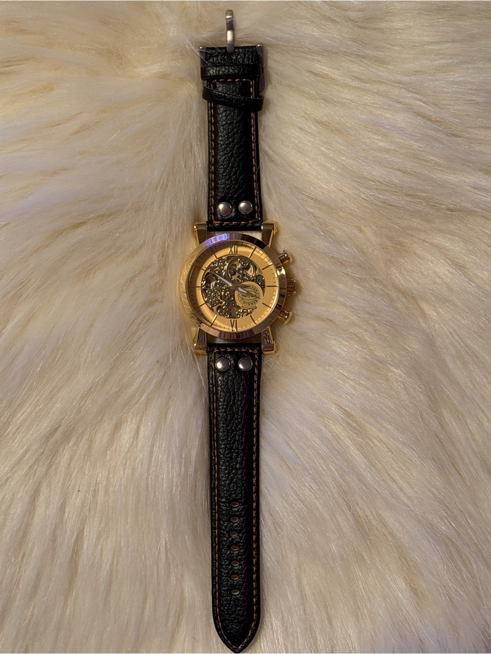 Forsining Men's Gold Skeleton Dial Watch with Black Leather Strap